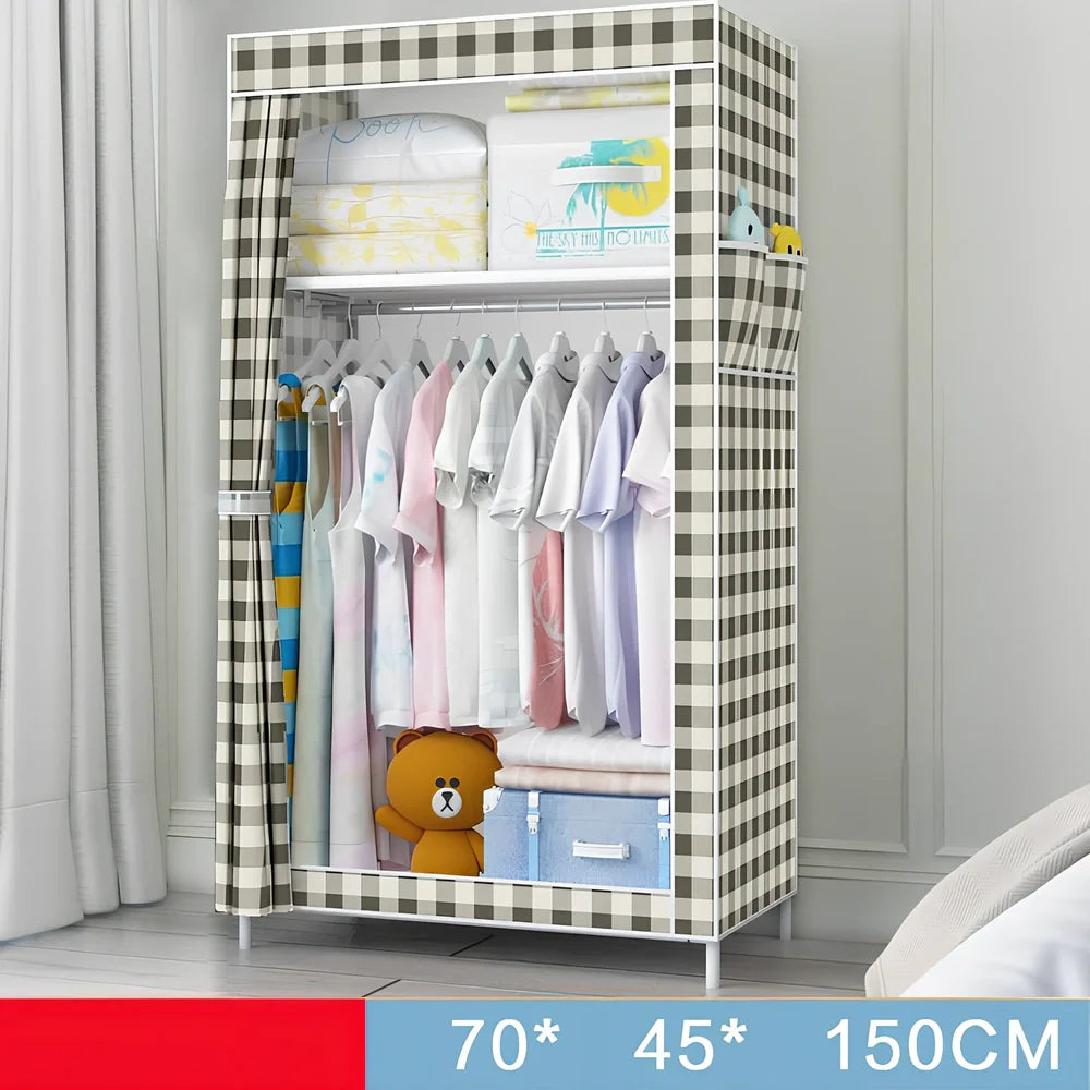 Single dormitory wardrobe with steel frame and fabric enclosure measuring 70×45×150cm