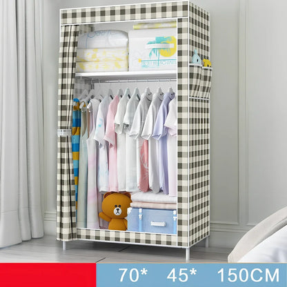 Single dormitory wardrobe with steel frame and fabric enclosure measuring 70×45×150cm