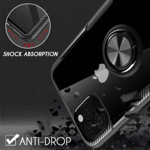 iPhone 11 Pro Max case with car holder arm in navy blue, showing PU material and button access.