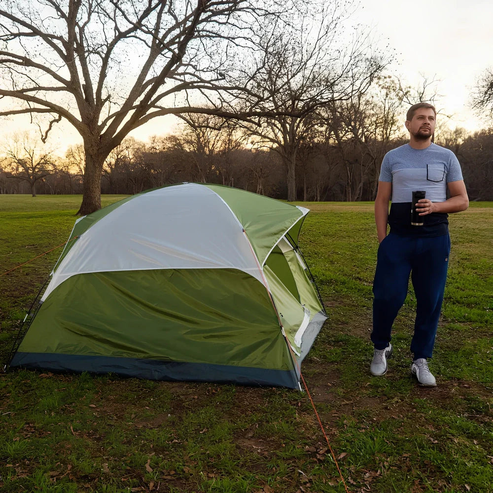 Orange two-person hiking tent with fiberglass poles showing 213cm length and waterproof construction