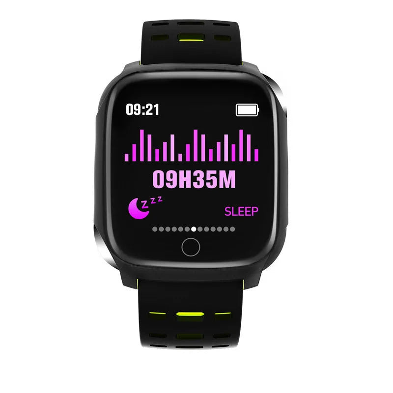 F16 smart watch with silicone band showing ECG and heart rate display on wrist.