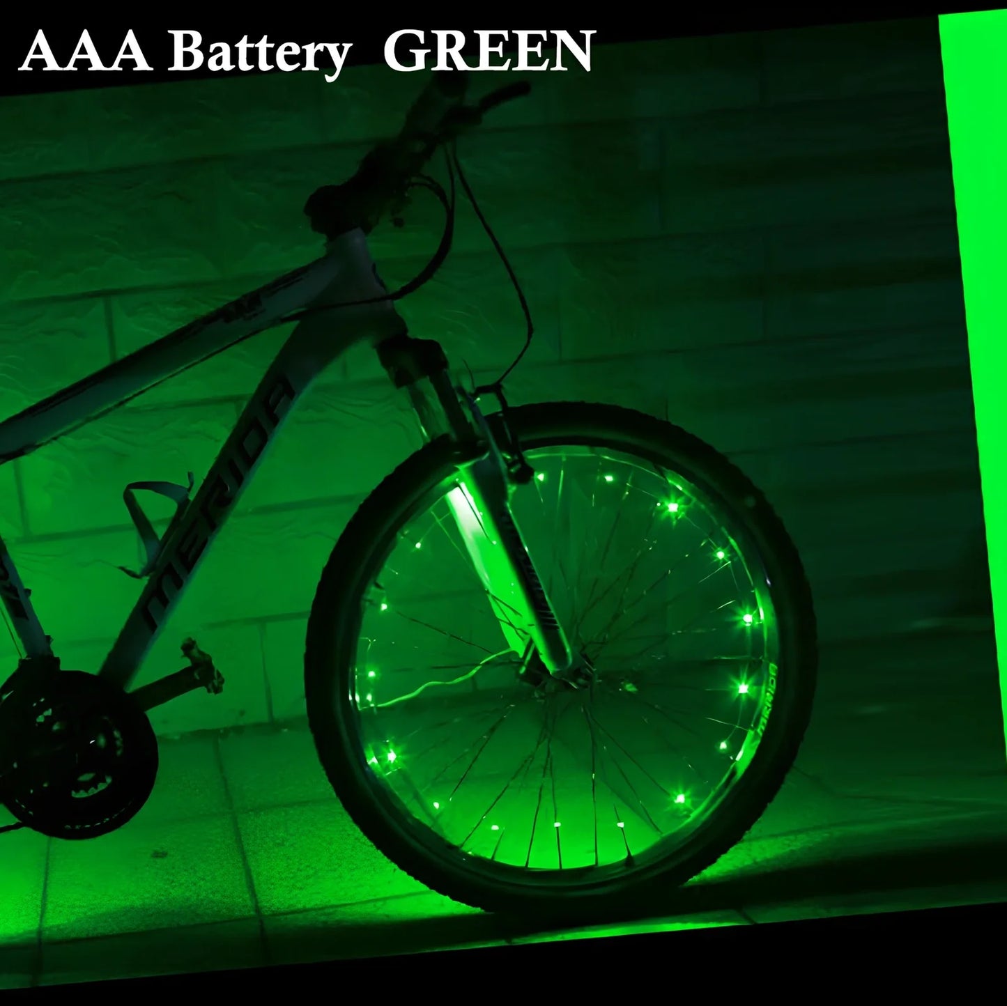 Mountain bike spoke light with 2200mm LED strip and 35mm black housing between spokes
