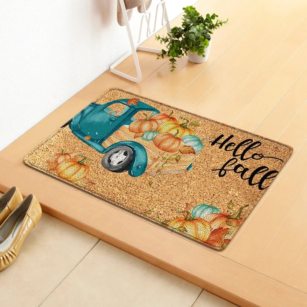 Thanksgiving pumpkin doormat measuring 40x60cm with autumn leaf design in polyester construction