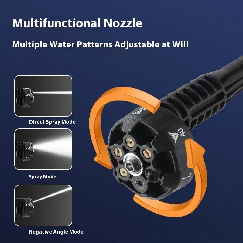 Wireless high-pressure water gun with green and yellow nozzle settings, measuring 400 mm, for outdoor cleaning tasks