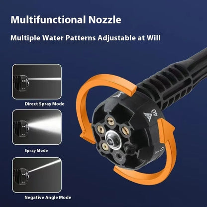 Wireless high-pressure water gun with green and yellow nozzle settings, measuring 400 mm, for outdoor cleaning tasks