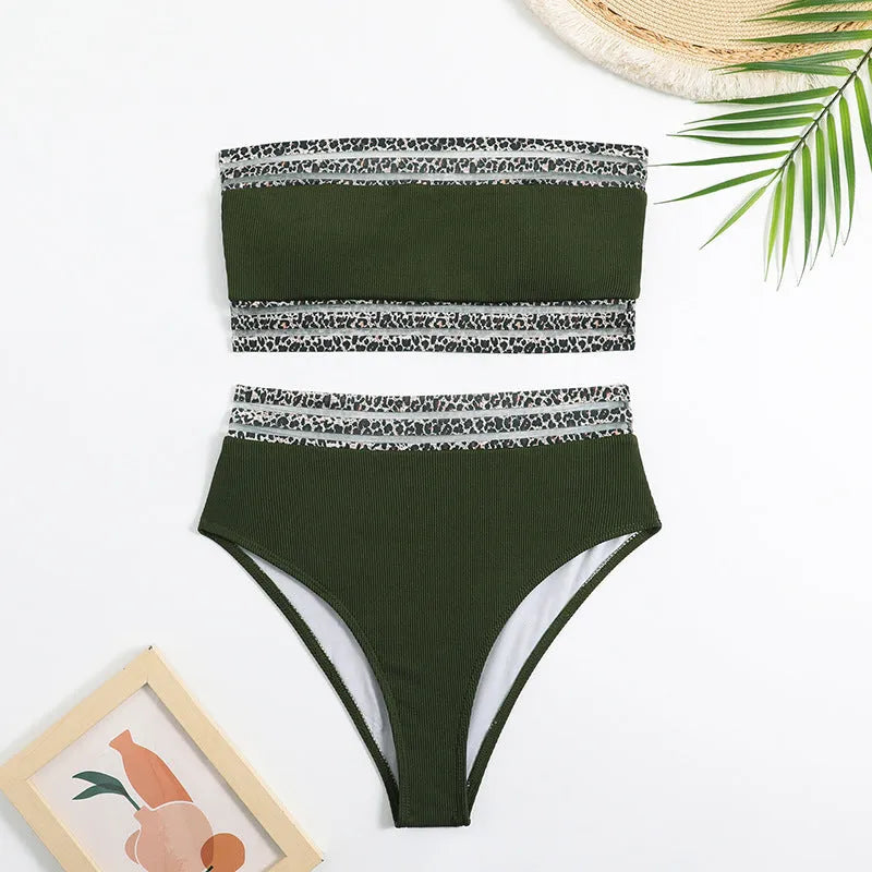 Black leopard print strapless swimsuit set with matching top and shorts