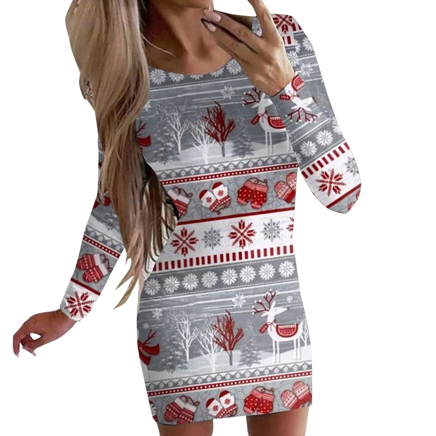 Women's Christmas printed dress with animal pattern, round neck, long sleeves, and floral colours