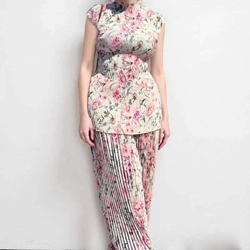 Long sleeve printed chiffon dress set with high waist, showing skirt and top in picture colour