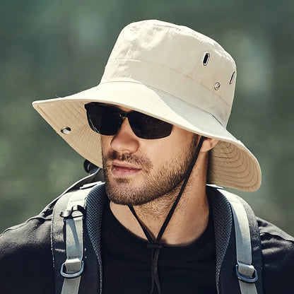 Men's wide brim polyester sunshade hat with dome crown, 58-60cm adult free size, in black, khaki, dark grey, army green or navy blue.