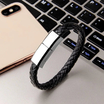 Stylish bracelet charging cable with premium leather and zinc alloy construction, compatible with iPhones, Android, and USB-C devices