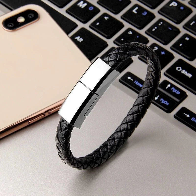 Stylish bracelet charging cable with premium leather and zinc alloy construction, compatible with iPhones, Android, and USB-C devices
