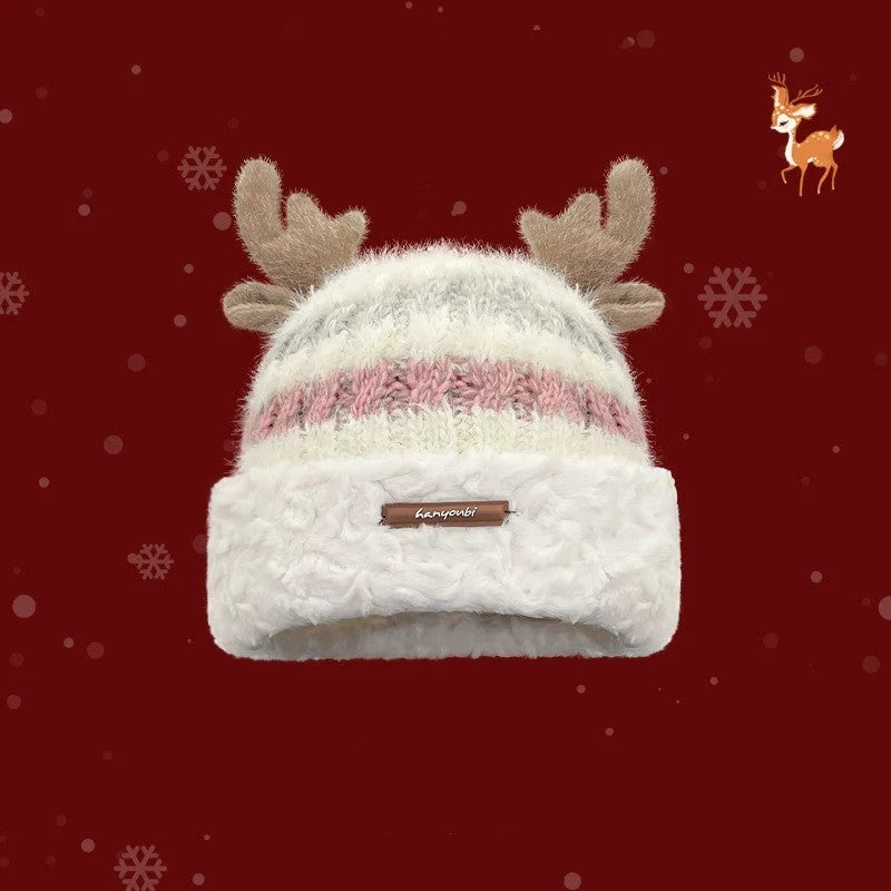 Cozy knit Christmas hat with playful deer antler design in various festive colors