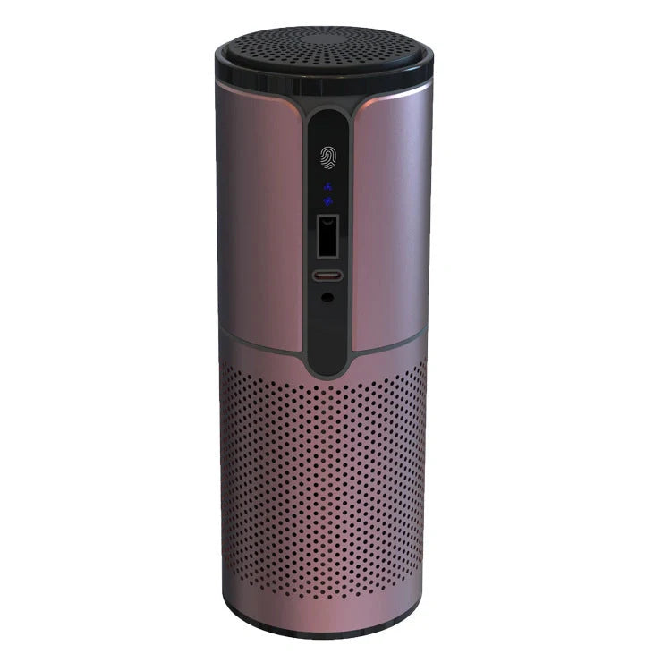 Compact car air purifier in black, reducing 99.9% of allergens with HEPA technology