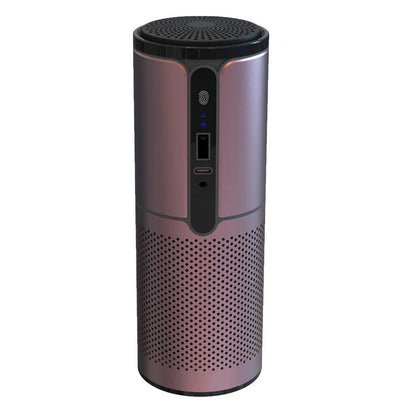Compact car air purifier in black, reducing 99.9% of allergens with HEPA technology