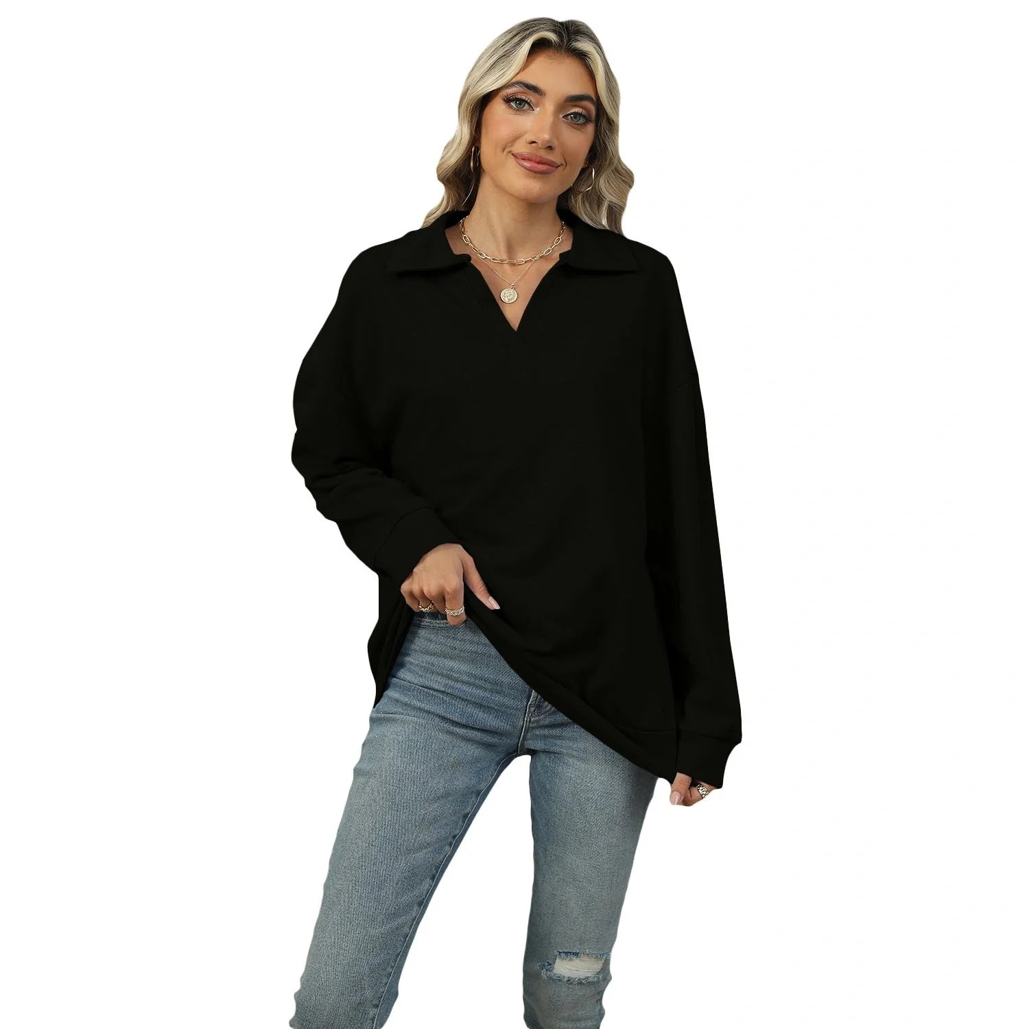Stylish women's V-neck lapel sweatshirt in various colors