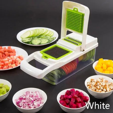 Multifunctional vegetable cutter with seven stainless steel blades on a food-grade plastic body.