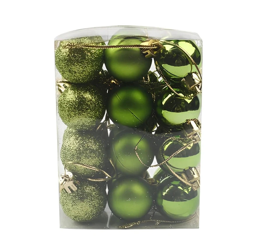 Christmas ball decorations in blue, green, purple, red, rose red, and silver colours showing 4cm, 6cm, and 8cm size comparison