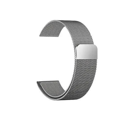 Stainless steel metal link strap for Apple Watch on a wrist, showing deployment clasp and polished finish