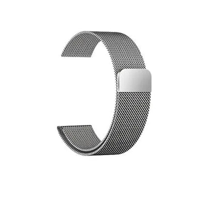 Stainless steel metal link strap for Apple Watch on a wrist, showing deployment clasp and polished finish