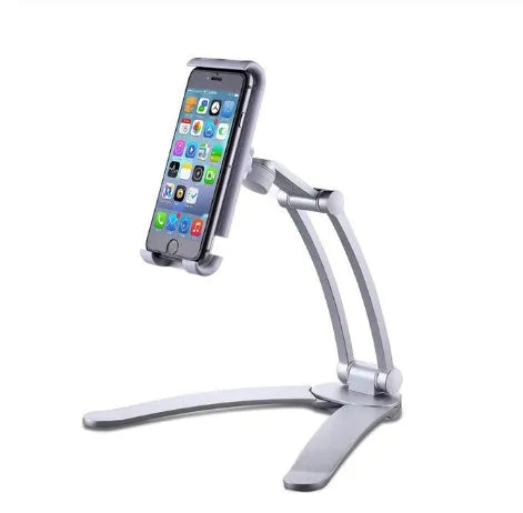 Aluminium alloy desktop tablet stand with adjustable clips on a 23.5cm base, holding a tablet at an angle