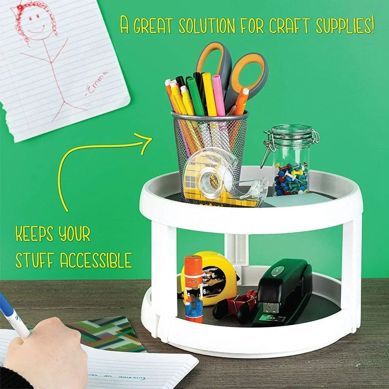 Two-tier kitchen turntable organizer with non-skid surface and rimmed edges