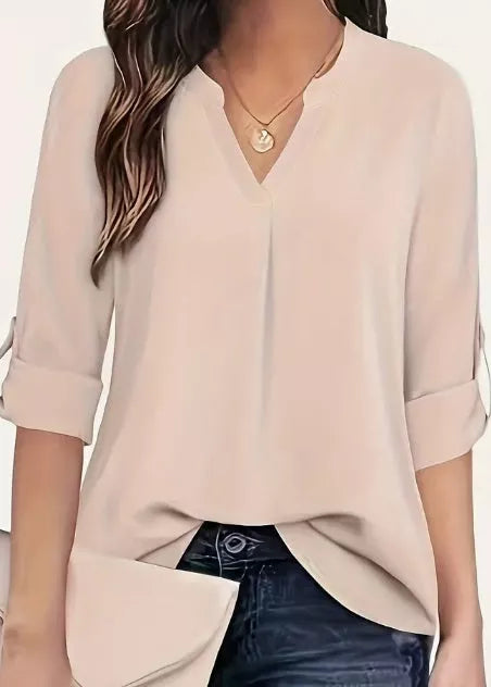 Women's V-neck blouse in burgundy, apricot, or black, featuring long sleeves and a relaxed fit.