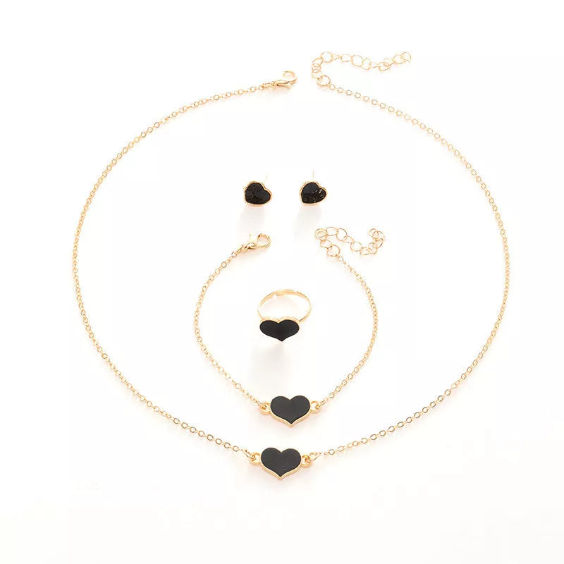 Women's fashion heart jewelry set in alloy with necklace, bracelet, earrings, and ring