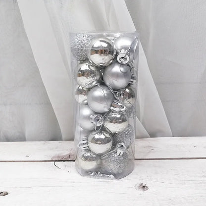 Assortment of 3cm diameter gold, red, silver, and blue barrel-shaped Christmas baubles with an electroplated finish.