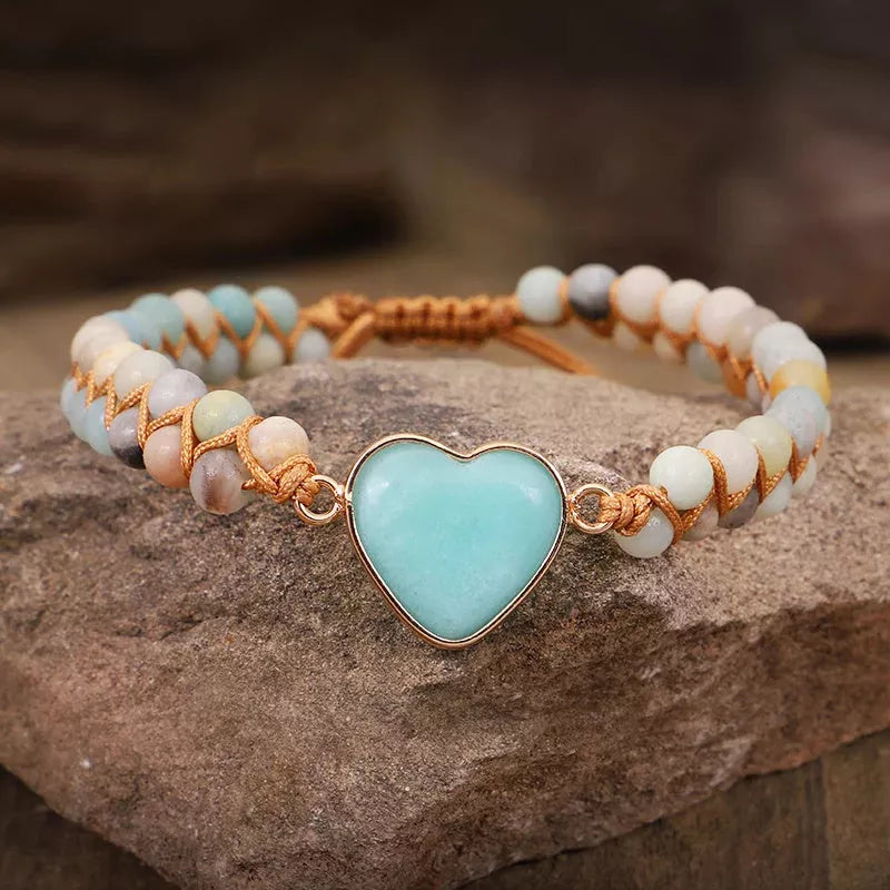 Adjustable heart charm bracelet with blue-green amazonite stones and braided macrame wristband