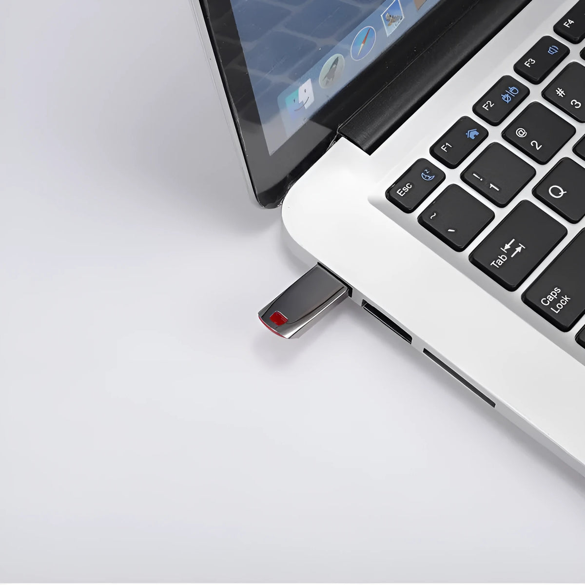 Metal USB flash drive showing creative design with USB 2.0 connector, capacity options from 8GB to 2TB
