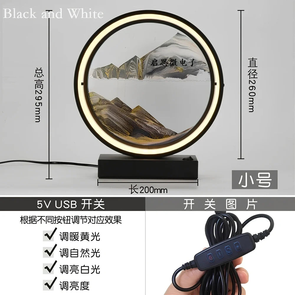 Black and white quicksand table lamp, 295mm tall with LED lights and remote control, coloured sand in glass chamber