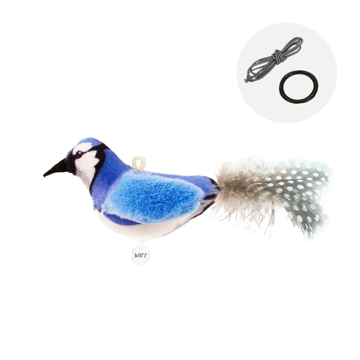 Bird simulation cat plush toy in four summer colour designs: colourful bird, sparrow, blue kingfisher and yellow bird