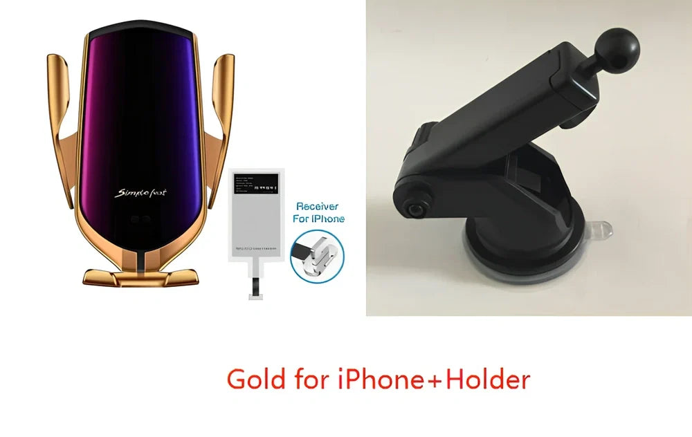 Black car wireless charger phone holder with suction cup mount and 360-degree rotation on a dashboard