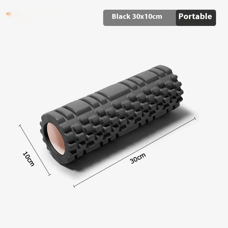 EVA foam roller in black, grey, pink, sky blue, or light purple, showing cylindrical shape for fitness recovery