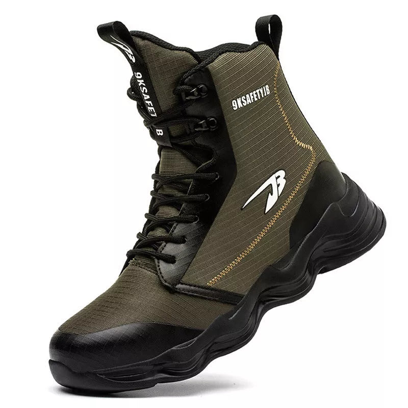 Men's black and green high-top safety shoes with steel toe cap for work protection