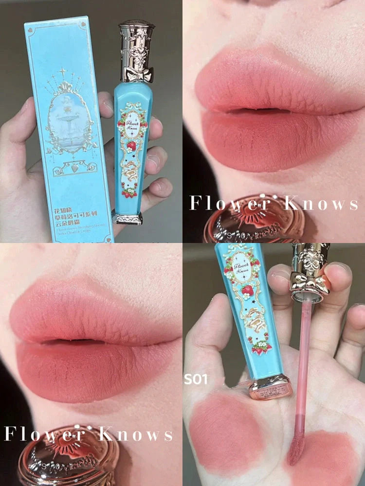 Flower Knows Strawberry Rococo Series Embossed Blush Velvet Matte Lip Glaze in retro perfume bottle design