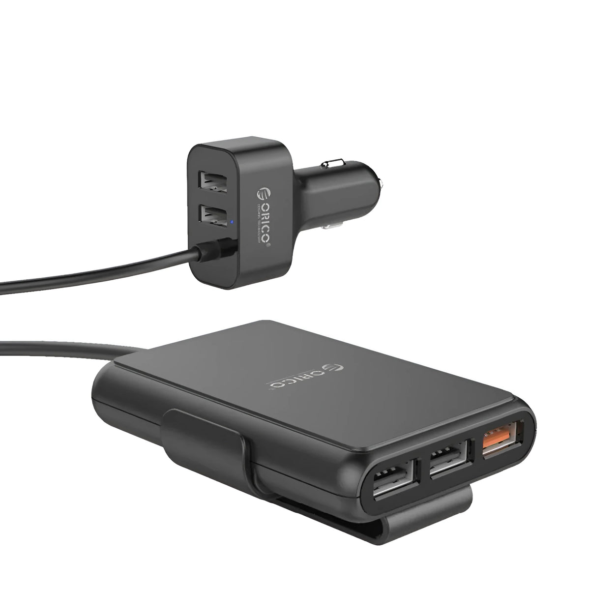 ORICO black 5-port car charger with QC3.0 and 1.8m cord for 12V/24V cigarette lighter sockets