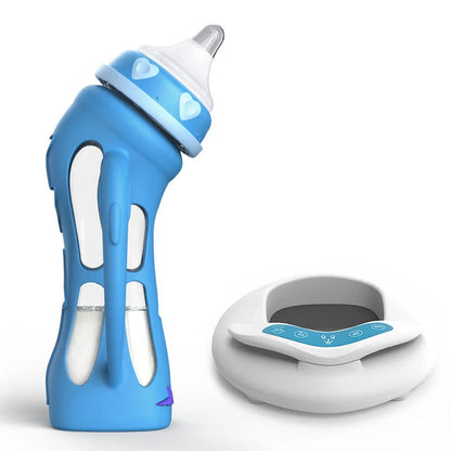 Glass baby bottle with temperature-sensitive silicone sleeve and USB milk warmer for safe, natural feeding