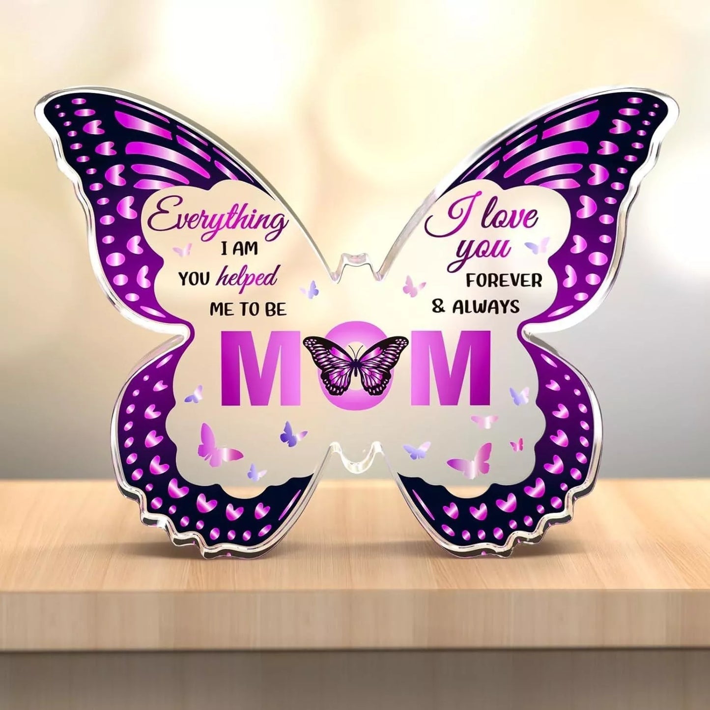 Butterfly-shaped acrylic keepsake with purple wing patterns and personalized message