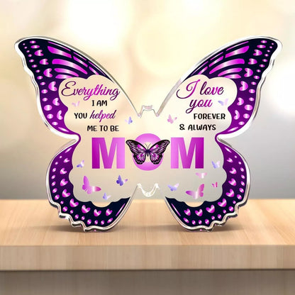 Butterfly-shaped acrylic keepsake with purple wing patterns and personalized message