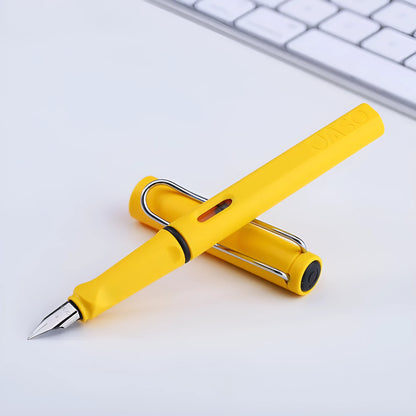 A multicolour ink sac pen with a 0.5mm steel nib and plastic body, shown with F and EF tip options.