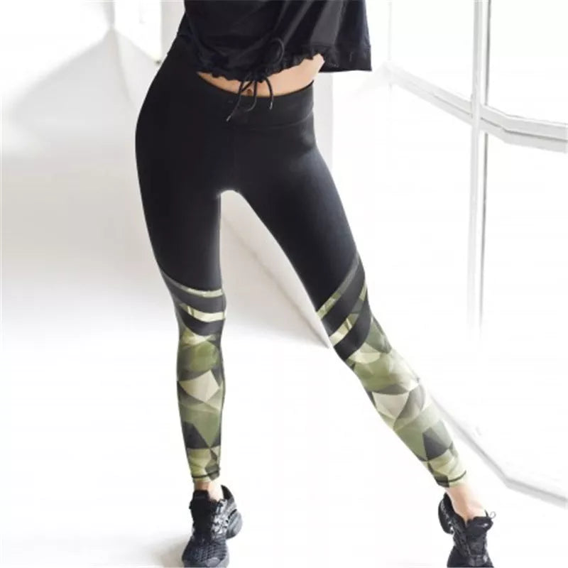 Camouflage printed stitching yoga pants in green, made from soft milk silk fabric