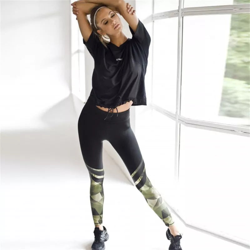 Camouflage printed stitching yoga pants in green, made from soft milk silk fabric
