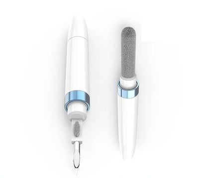 Blue electronics cleaning pen with metal nib, brush, and sponge for cleaning earbuds and phones