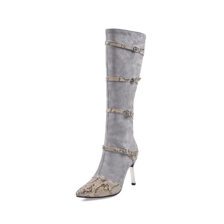 Women's grey and black knee-high boots with 9cm thin high heels, velvet lining, and rubber soles