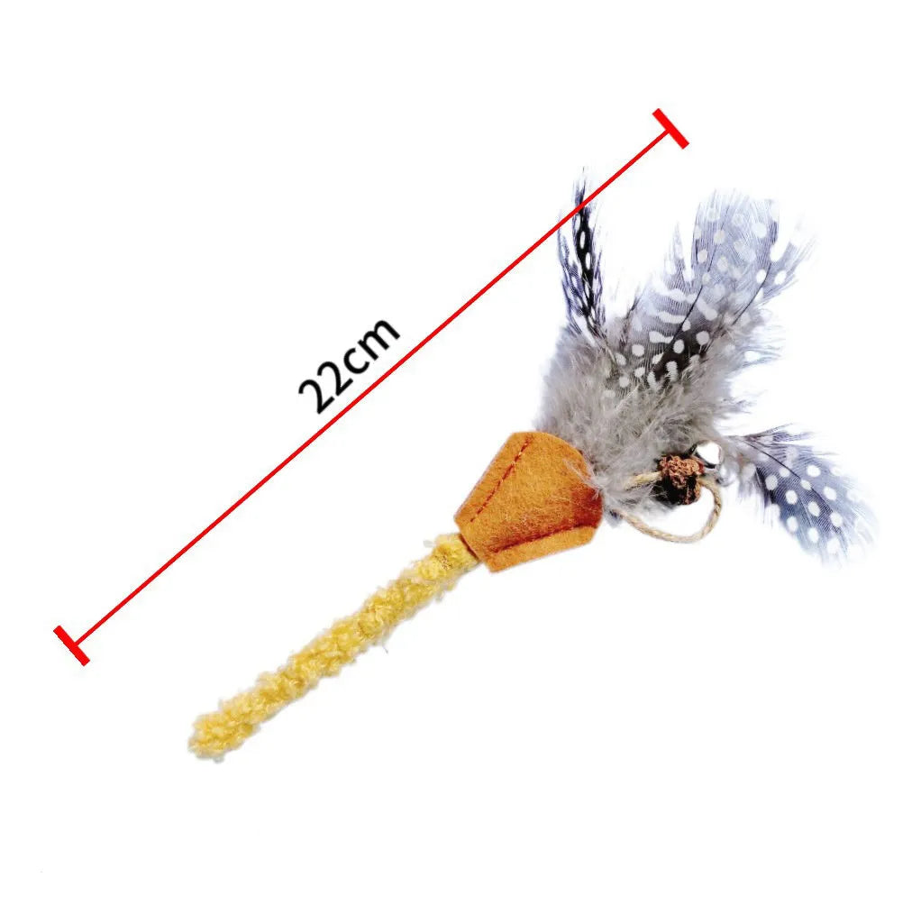 Polygonum wood cat chew toy with green and yellow feather attachments for dental health and interactive play