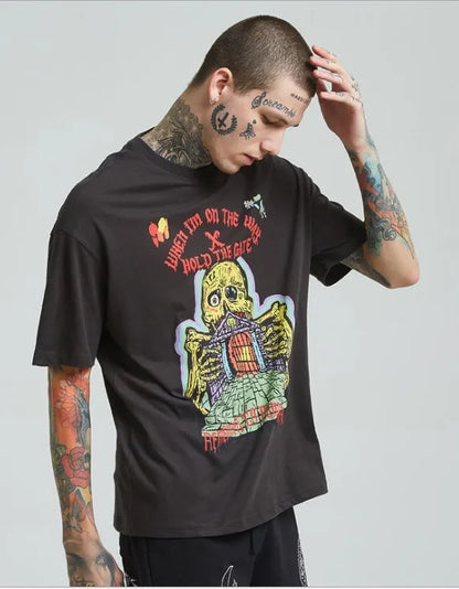 Men's frayed printed short sleeve cotton top in dark grey, loose round neck design, sizes M L XL