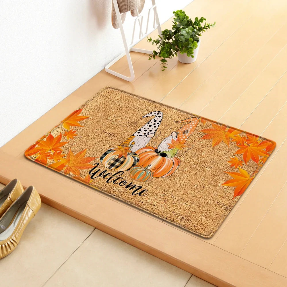 Thanksgiving pumpkin doormat measuring 40x60cm with autumn leaf design in polyester construction