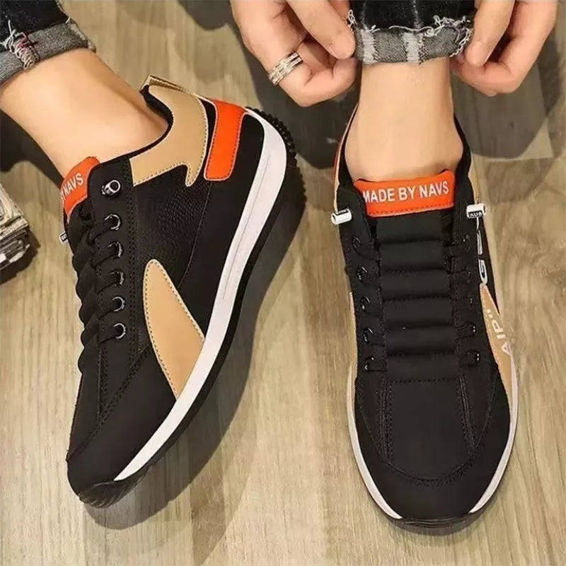 Men's breathable mesh sports shoes with non-slip sole in black, white, gray, and khaki