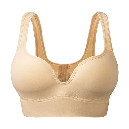 Comfortable back button up sports bra with wide straps in white, black, and apricot